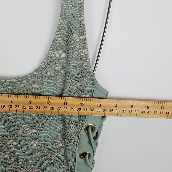 Sage Green Crochet Lace One-Piece Swimsuit Nude Lining Sexy Lace Up Side Medium - Picture 14 of 14